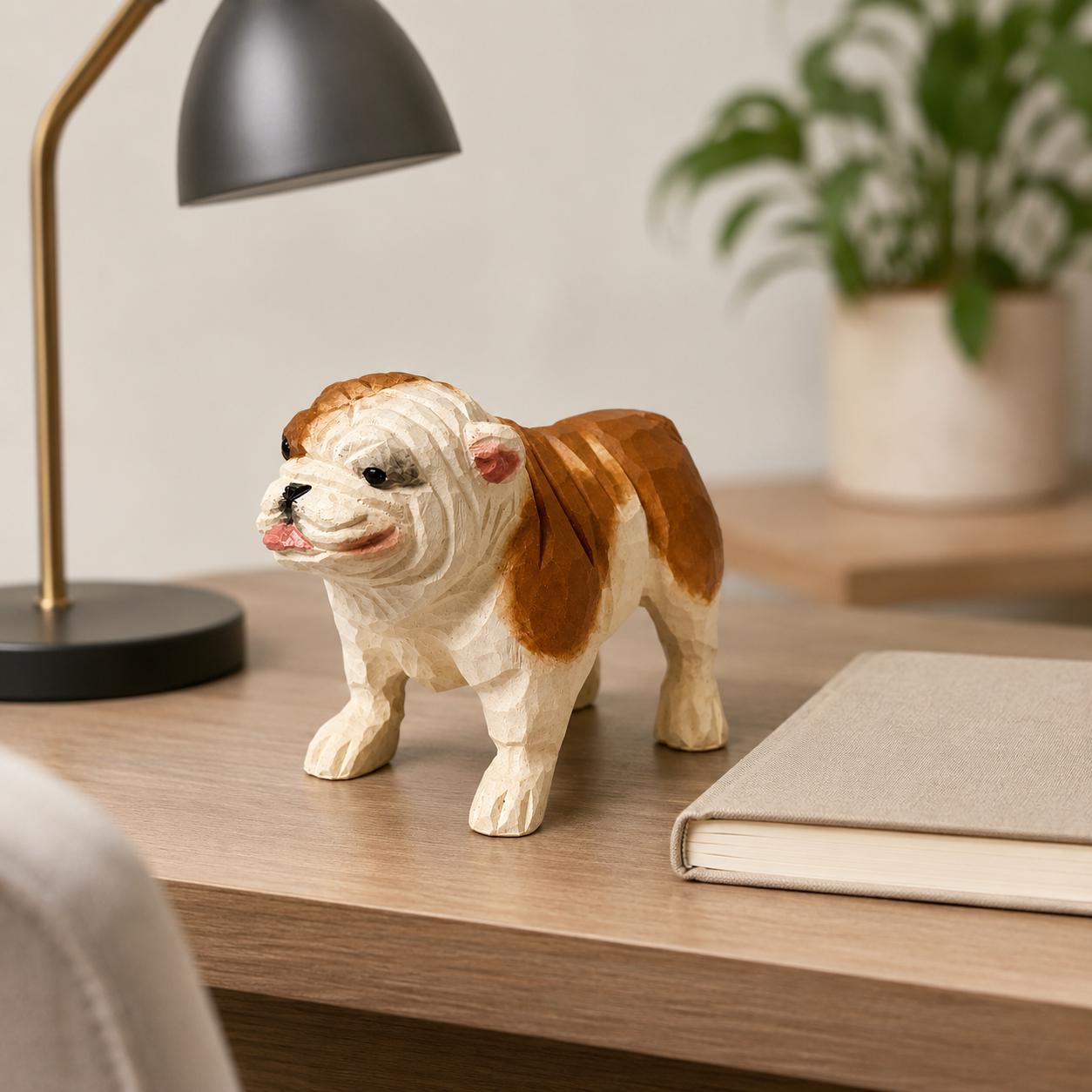 Hand-Carved Wooden Bulldog Figurine | Whimsical British Bulldog Sculpture | Chunky Desk Pet Decor | Dog Lover Gift Idea