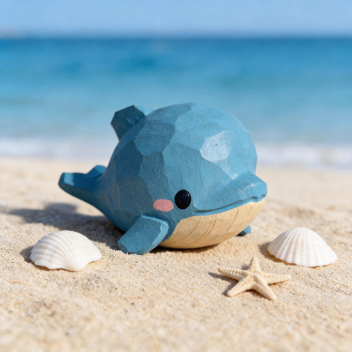 Hand Carved Wooden Dolphin Figurine | Kawaii Blue Ocean Animal Decor | Cute Marine Life Wood Carving | Beach Theme Desk Pet Lover Gift