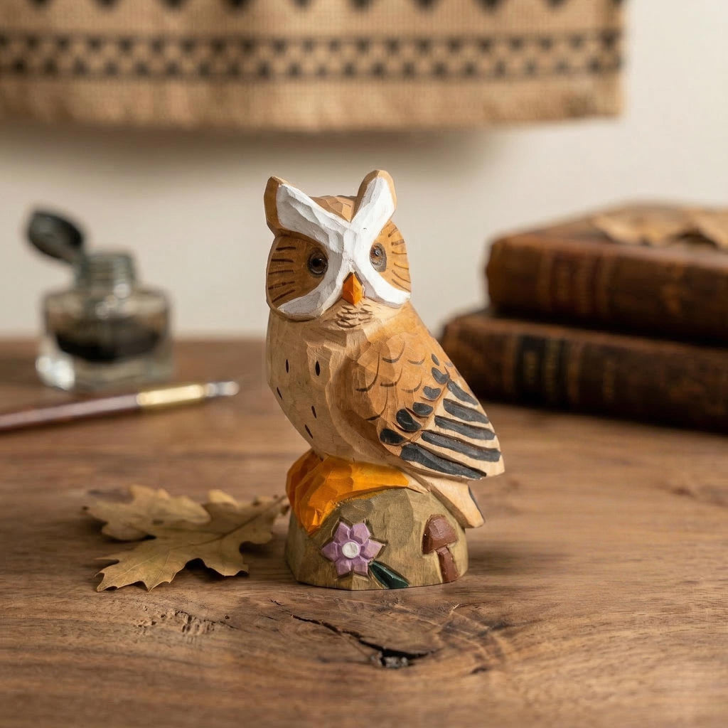 Whimsical Hand-Carved Wooden Owl Figurine, Rustic Woodland Animal Decor, Unique Bird Sculpture, Nature Lover Desk Gift Idea