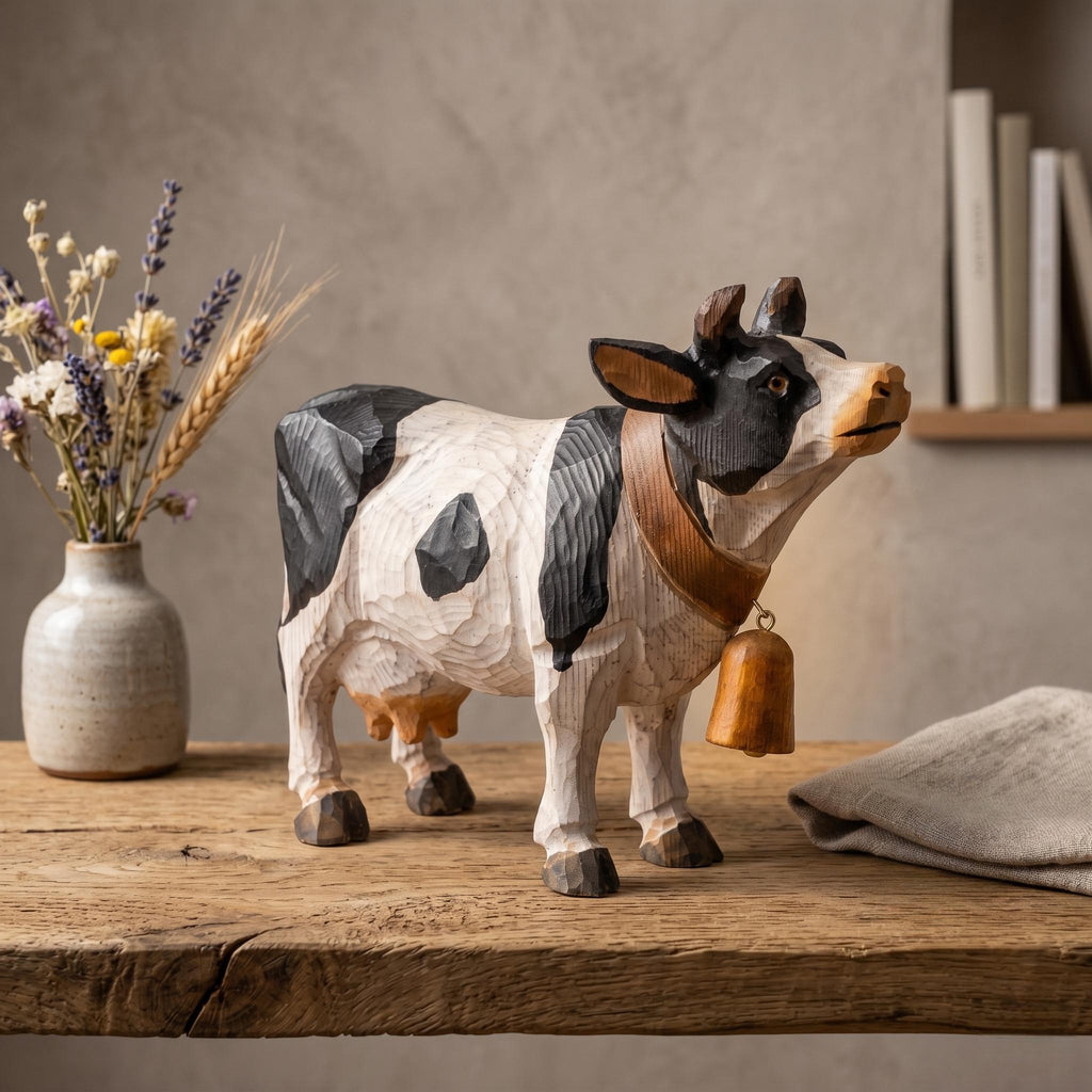 Rustic Wooden Cow Figurine Hand Carved Farmhouse Decor Farm Animal Statue Whimsical Decor Unique Gift for Cow Lover