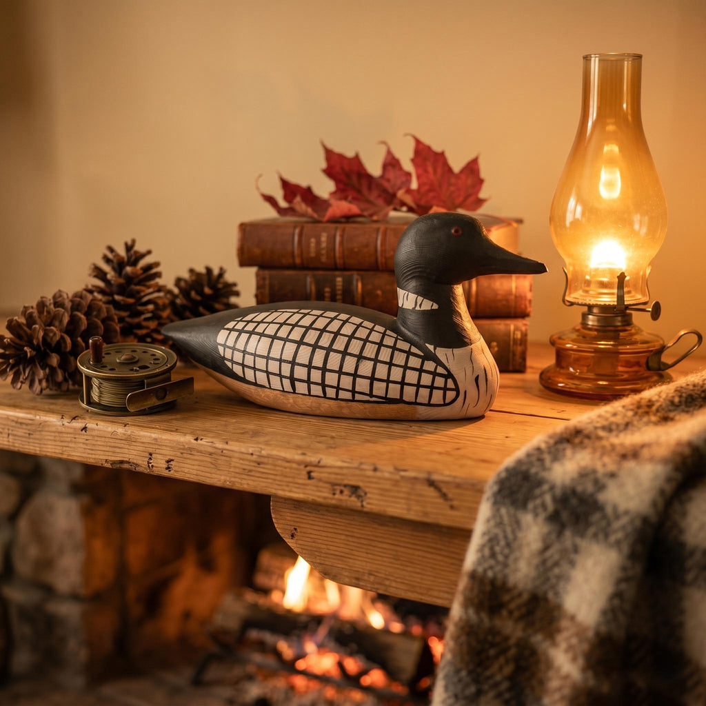 Hand-Carved Wooden Loon Figurine, Rustic Lake House Decor, Black and White Bird Art, Cabin Core Accent, Unique Gift for Bird Lovers