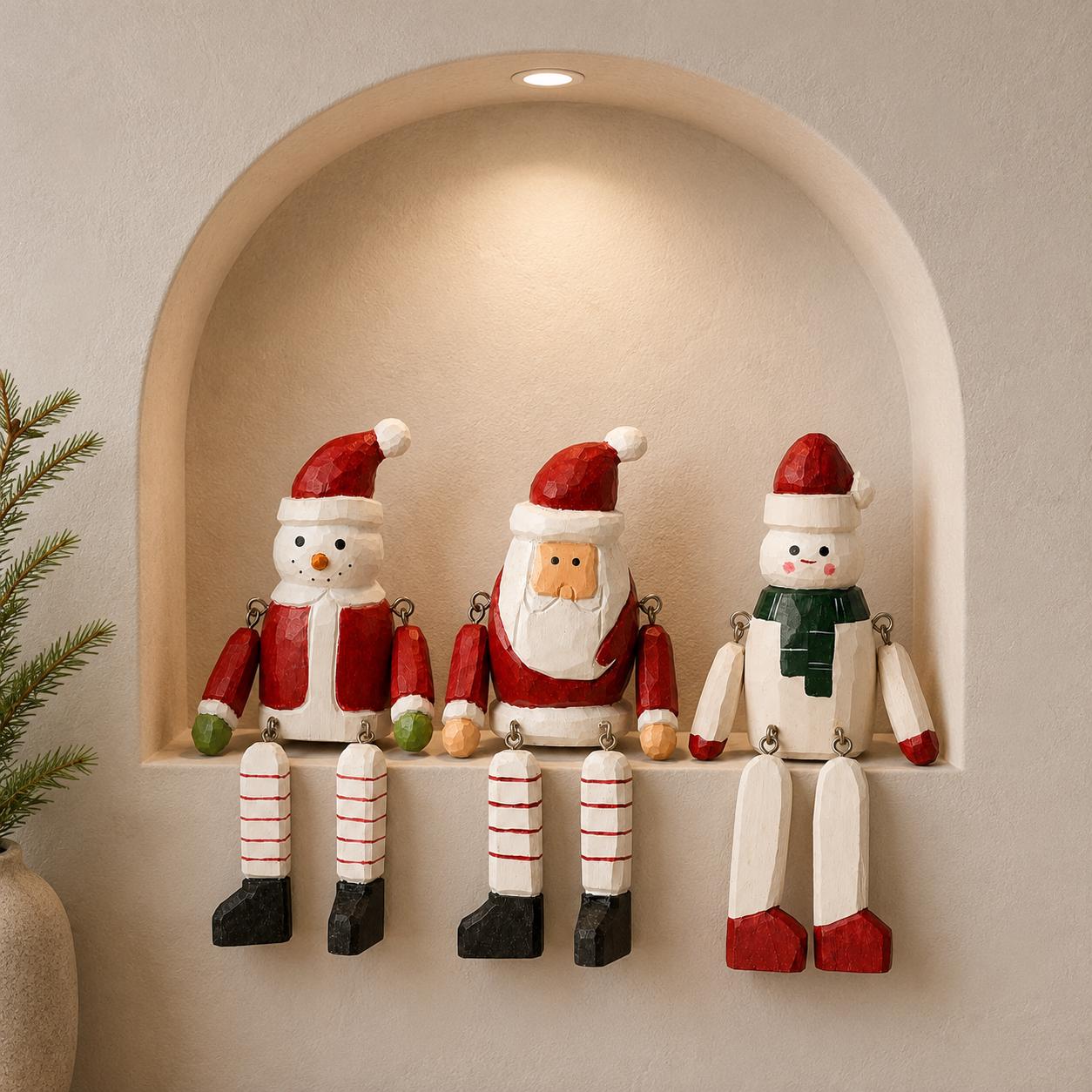 Whimsical Wooden Christmas Shelf Sitter Santa Snowman Figurine Hand Carved Winter Decor Secret Santa Gift