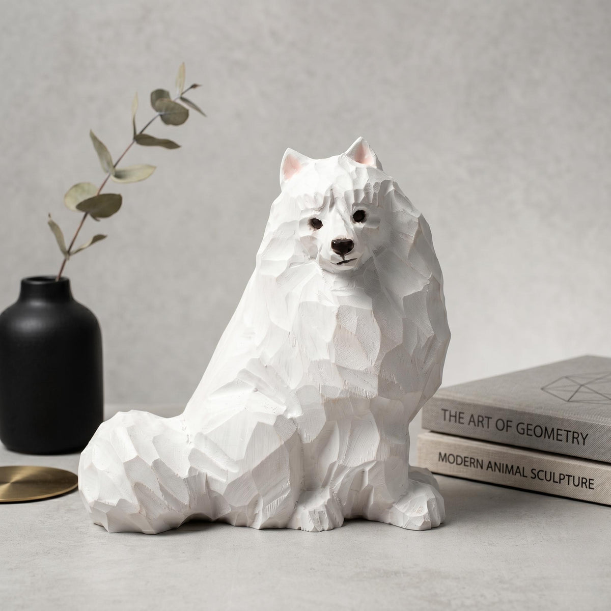 Whimsical White Samoyed Wood Carving Geometric Fluffy Dog Figurine Minimalist Pet Memorial Unique Gift for Dog Lovers Desk Decor