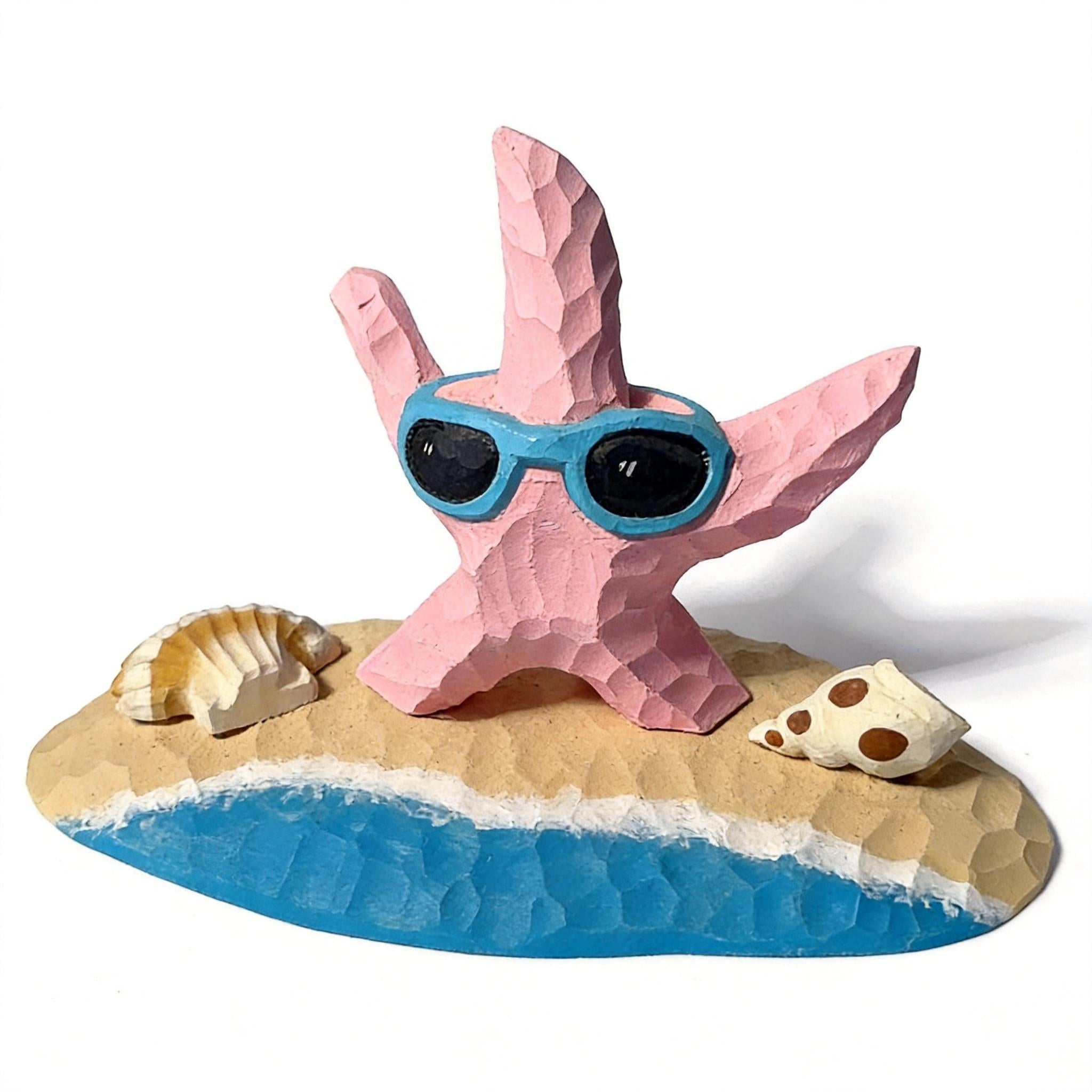 Whimsical Pink Starfish Wood Carving, Beach House Decor, Sunglasses Starfish Figurine, Coastal Shelf Decor, Unique Summer Lover Gift
