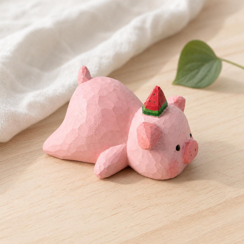 Adorable Wooden Pig Figurine with Watermelon, Hand Carved Animal Decor, Cute Desk Accessory, Unique Gift for Pig Lovers