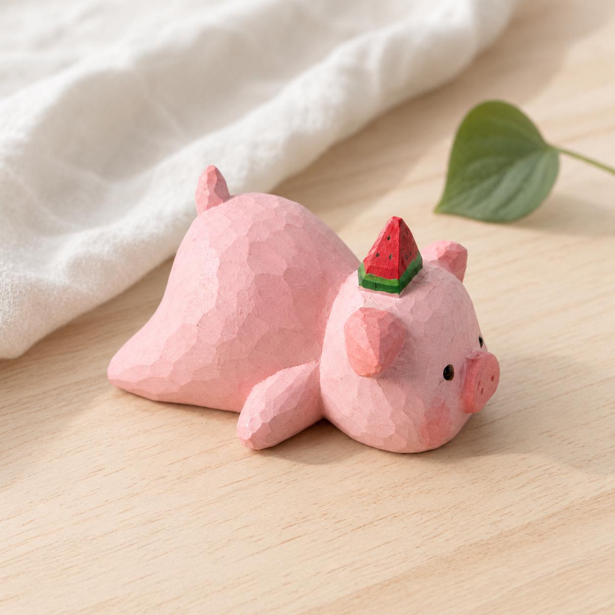 Adorable Wooden Pig Figurine with Watermelon, Hand Carved Animal Decor, Cute Desk Accessory, Unique Gift for Pig Lovers
