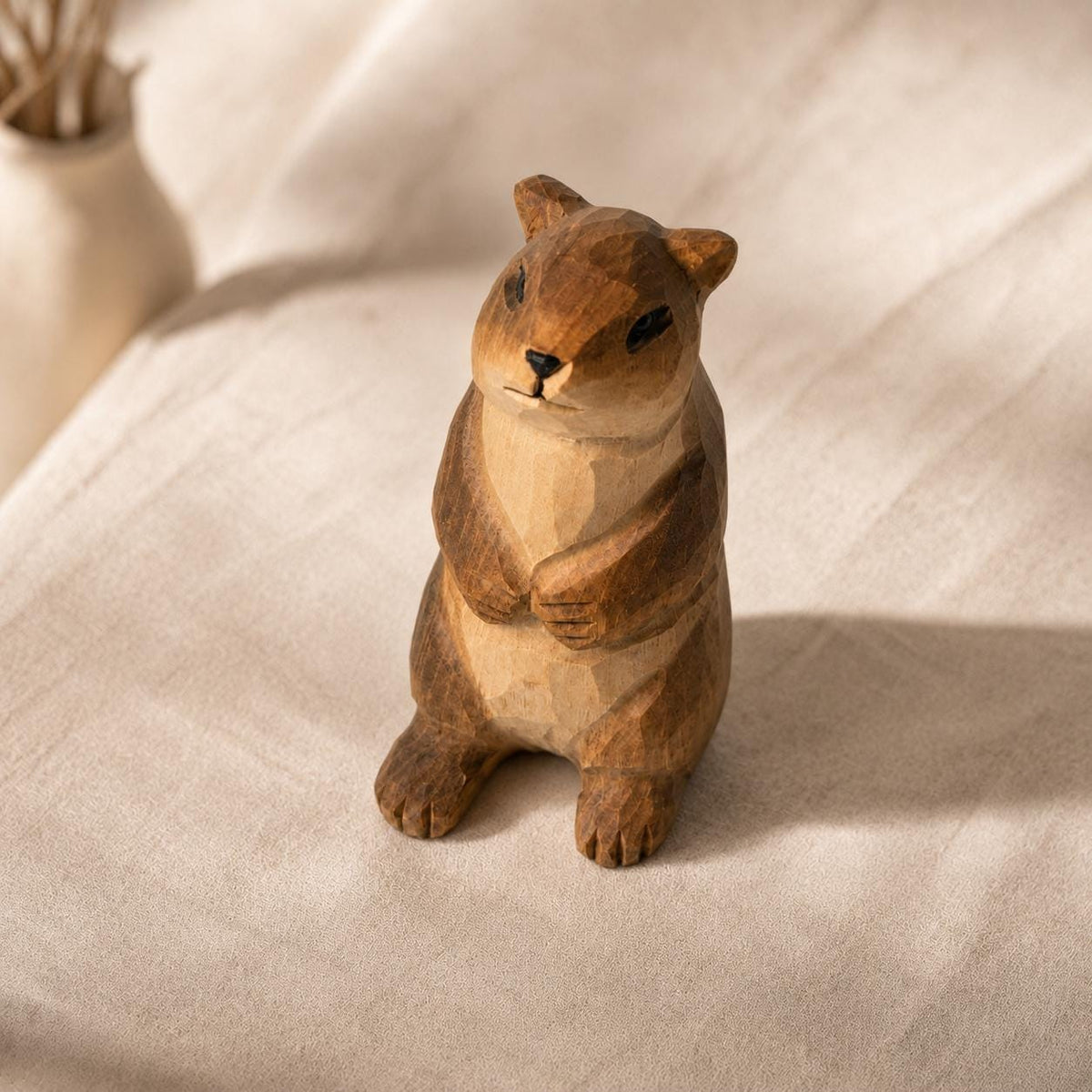Whimsical Wooden Groundhog Statue Hand Carved Animal Figurine Woodland Nursery Decor Cute Wood Marmot Gift for Nature Lover