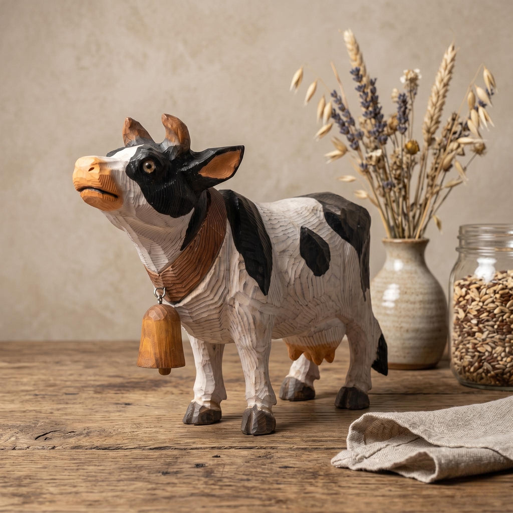 Rustic Wooden Cow Figurine Hand Carved Farmhouse Decor Farm Animal Statue Whimsical Decor Unique Gift for Cow Lover