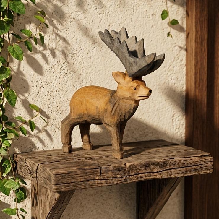 Hand Carved Wooden Moose Figurine, Rustic Woodland Animal Decor, Cabin Core Shelf Accent, Unique Nature Lover Gift, Artisan Wood Sculpture