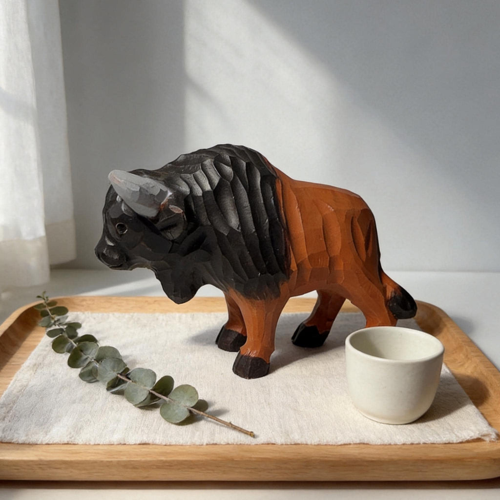 Rustic Wooden Bison Carving Handmade Animal Sculpture Western Room Decor Nature Lover Gift for Dad