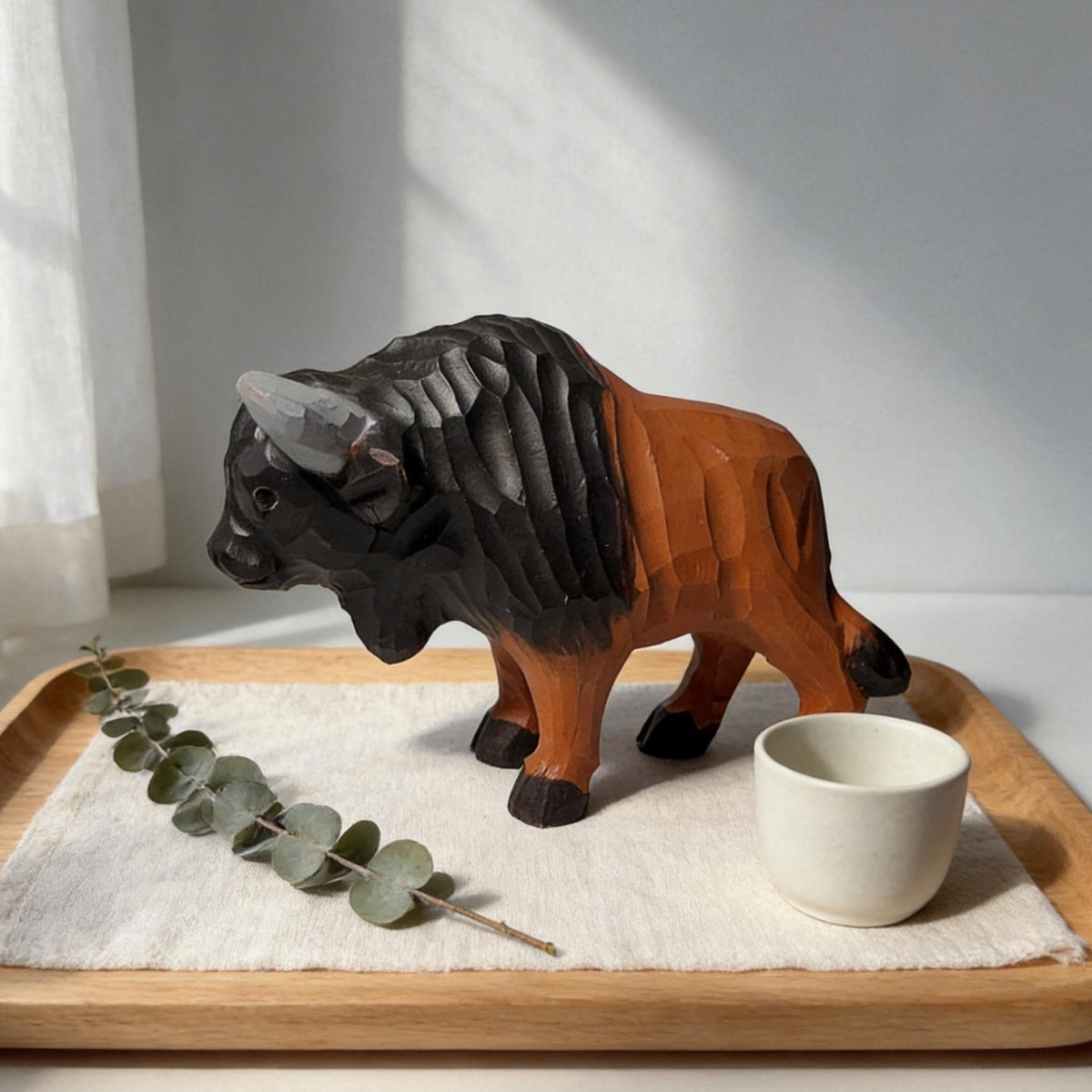 Rustic Wooden Bison Carving Handmade Animal Sculpture Western Room Decor Nature Lover Gift for Dad
