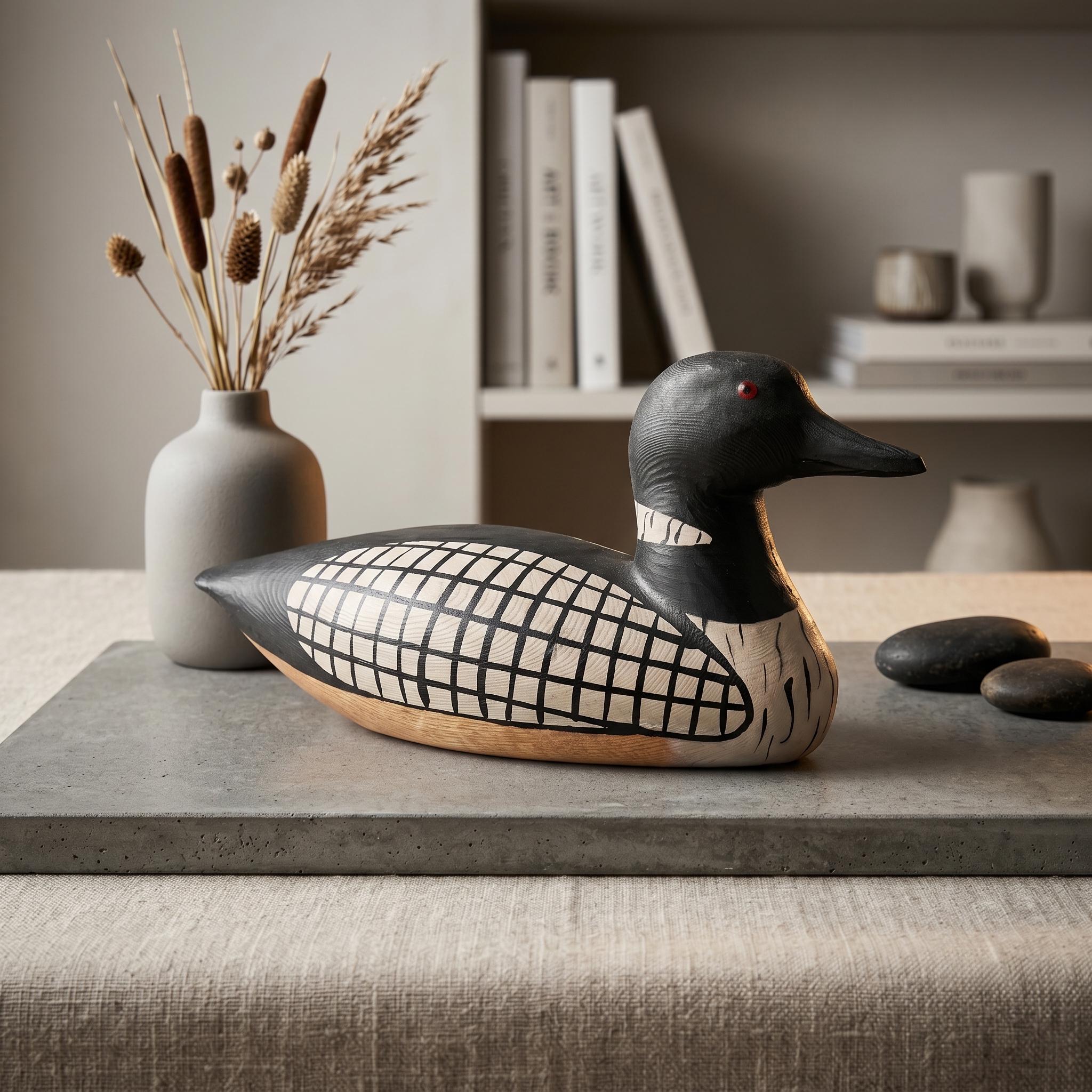 Hand-Carved Wooden Loon Figurine, Rustic Lake House Decor, Black and White Bird Art, Cabin Core Accent, Unique Gift for Bird Lovers