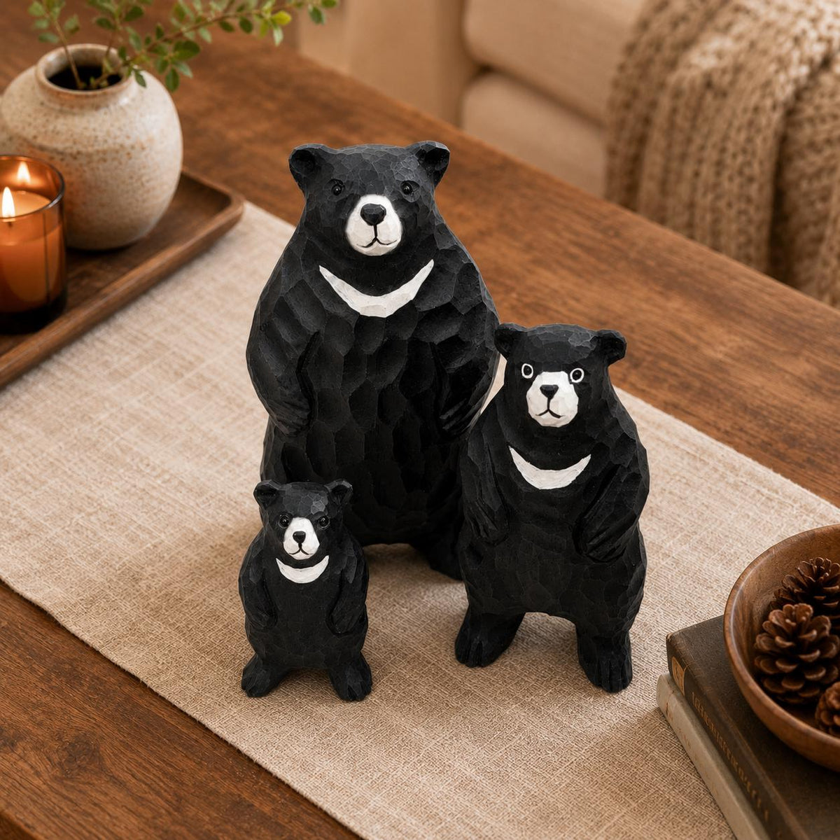 Hand Carved Wood Black Bear Family Set Rustic Woodland Nursery Decor New Mom Gift