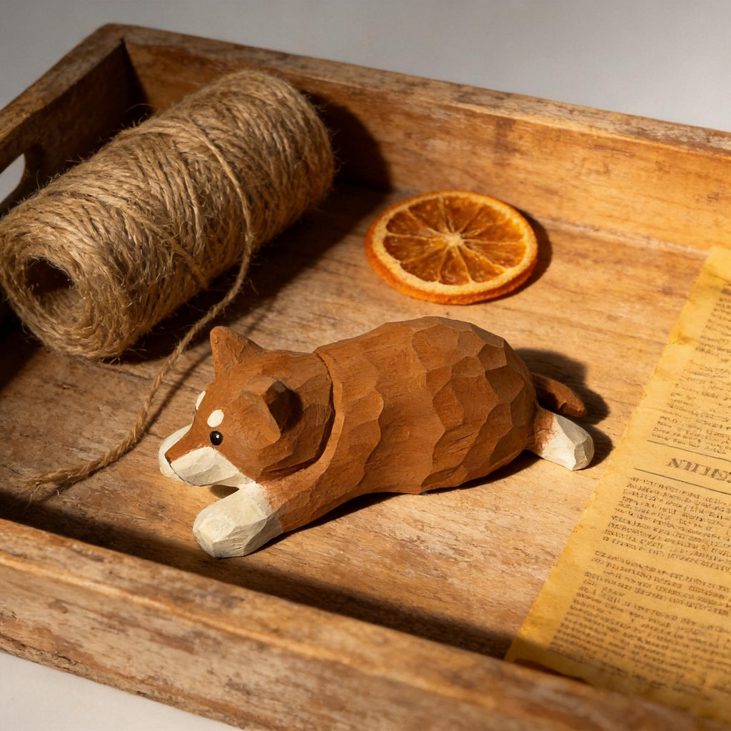 Sleepy Shiba Inu Wood Carving Cute Lying Dog Figurine Handmade Desk Pet Decor Gift for Dog Lovers