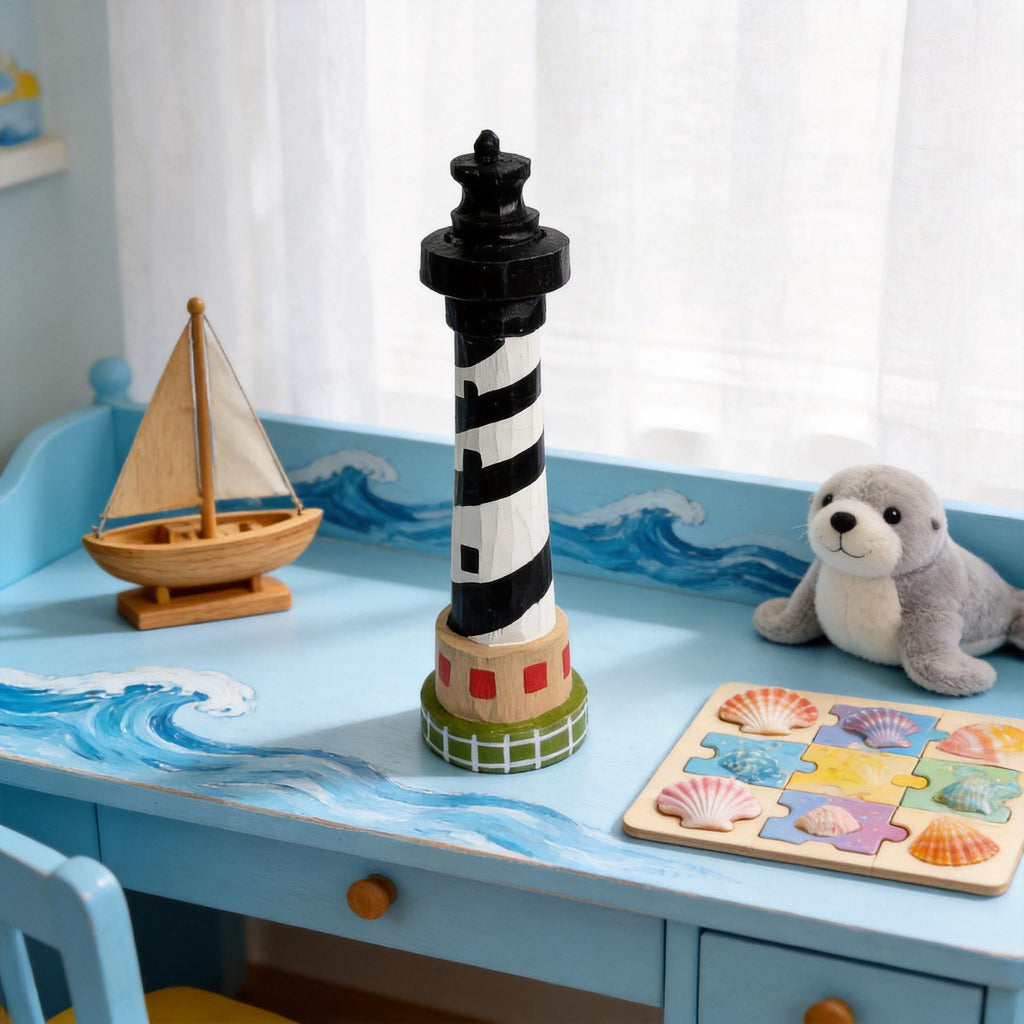 Rustic Hand-Carved Wooden Lighthouse Black and White Nautical Coastal Decor Unique Beach Lover Gift Ocean Theme Nursery Accent