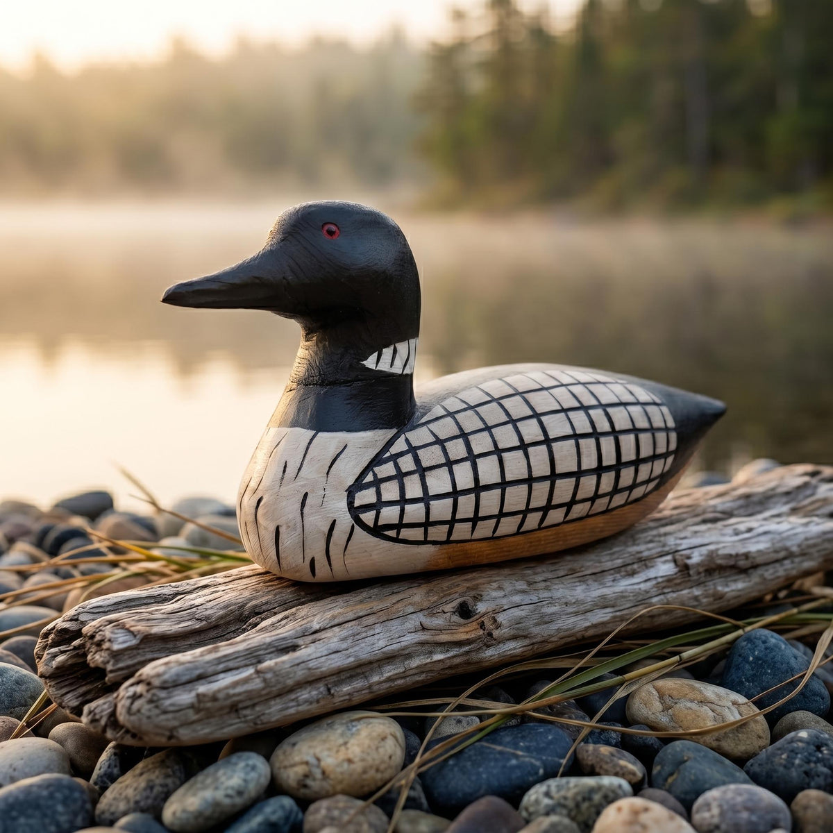 Hand-Carved Wooden Loon Figurine, Rustic Lake House Decor, Black and White Bird Art, Cabin Core Accent, Unique Gift for Bird Lovers