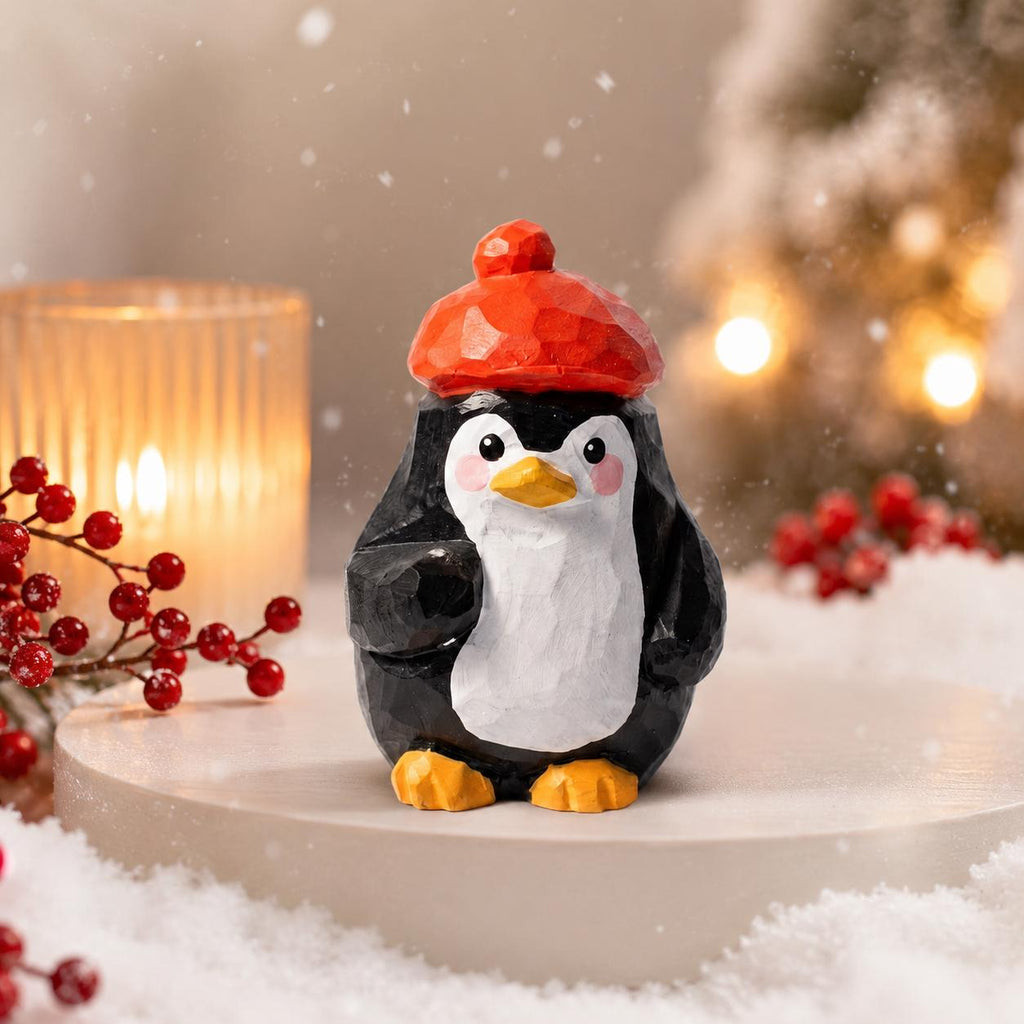 Whimsical Wooden Penguin Figurine in Red Beret, Hand Carved Bird Statue, Cute Desk Decor, Winter Animal Art, Unique Gift for Bird Lover