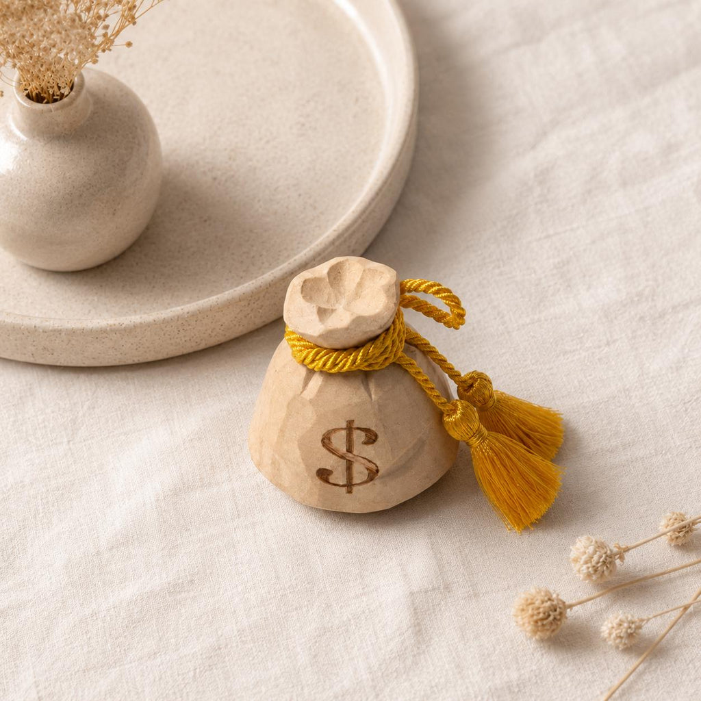 Hand Carved Wooden Money Bag, Dollar Sign Coin Purse Figurine, Gold Tassel Wealth Symbol, Rustic Farmhouse Desk Decor, Lucky Money Gift