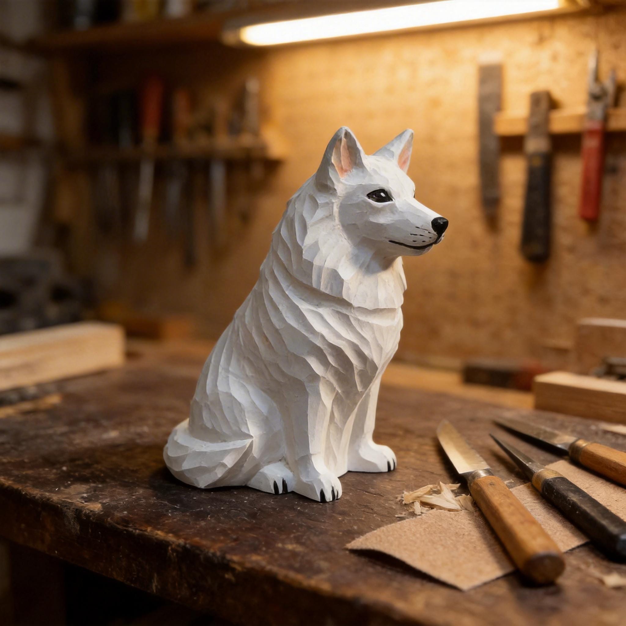 Hand Carved Wooden White Dog Figurine | Rustic Farmhouse Decor | White Shepherd Sculpture | Unique Woodland Animal Lover Gift