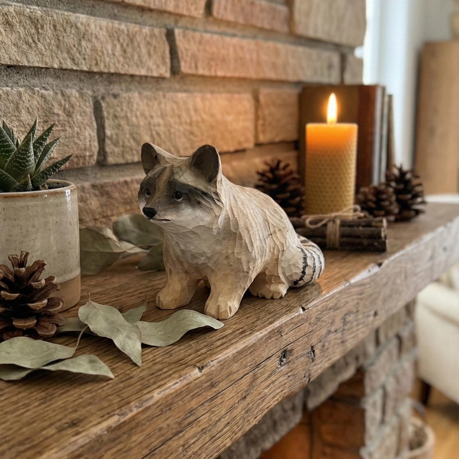 Hand Carved Wooden Raccoon Statue, Rustic Woodland Nursery Decor, Forest Animal Figurine, Garden Ornament