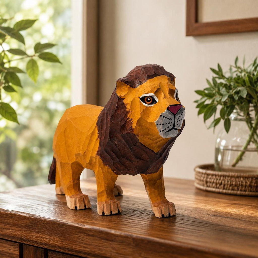 Hand-Carved Wooden Lion Figurine | Whimsical Wood Animal Sculpture | Geometric Desk Decor | Safari Lover Gift Idea