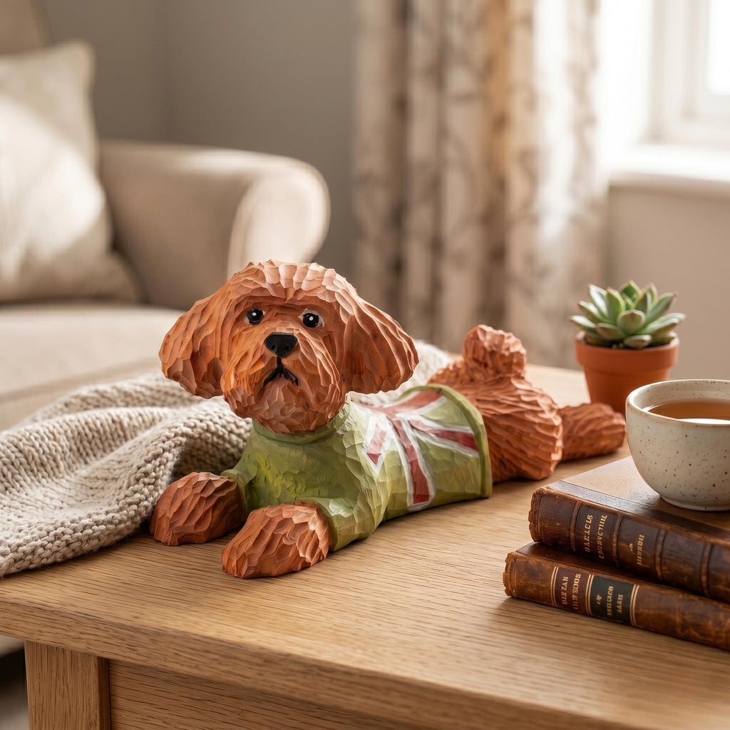 Hand Carved Wooden Poodle Figurine, Whimsical Dog in Green Sweater, Rustic Pet Memorial Art, Unique Gift for Dog Lovers & Pet Moms
