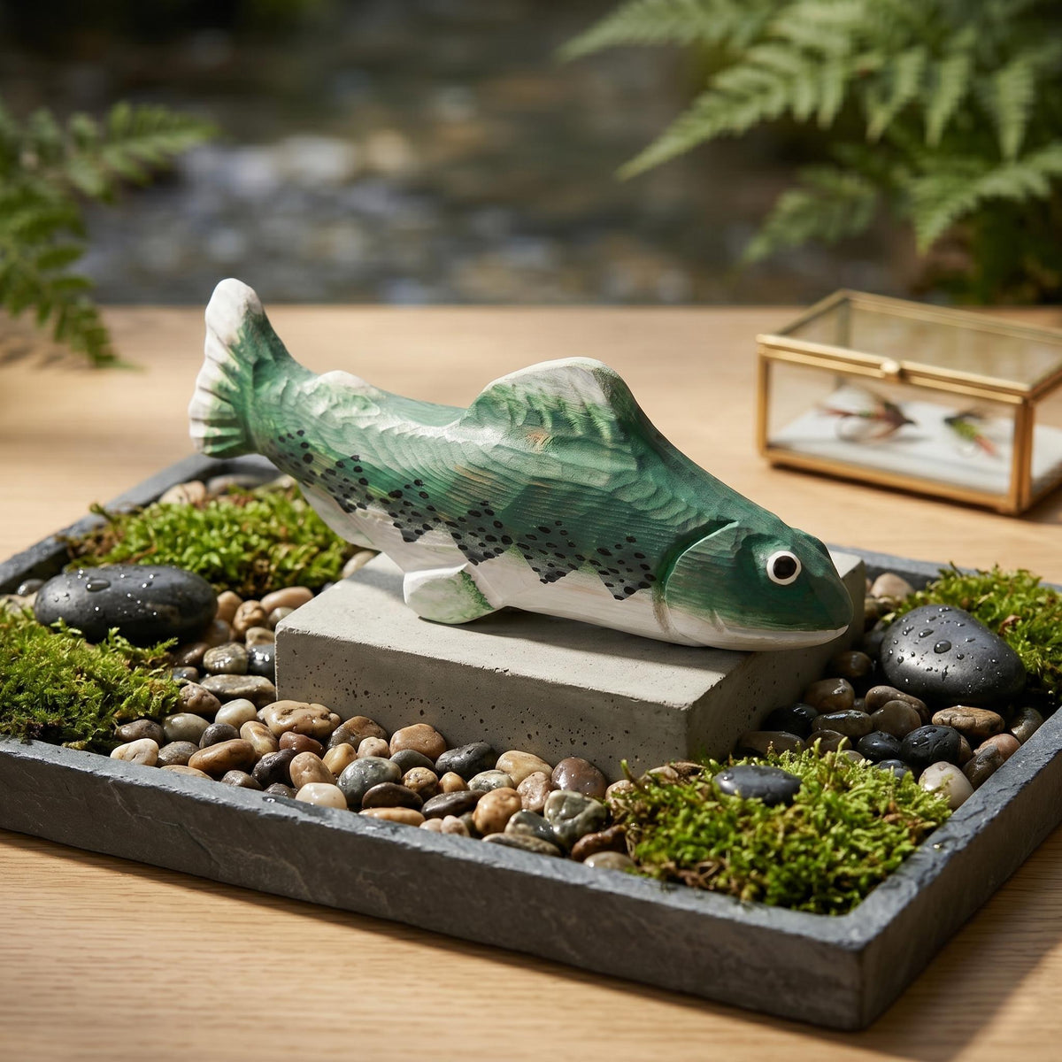 Rustic Hand Carved Wooden Trout Figurine, Green Fish Decor, River Cabin Art, Fly Fishing Gift for Him, Nature Lover Desktop Ornament