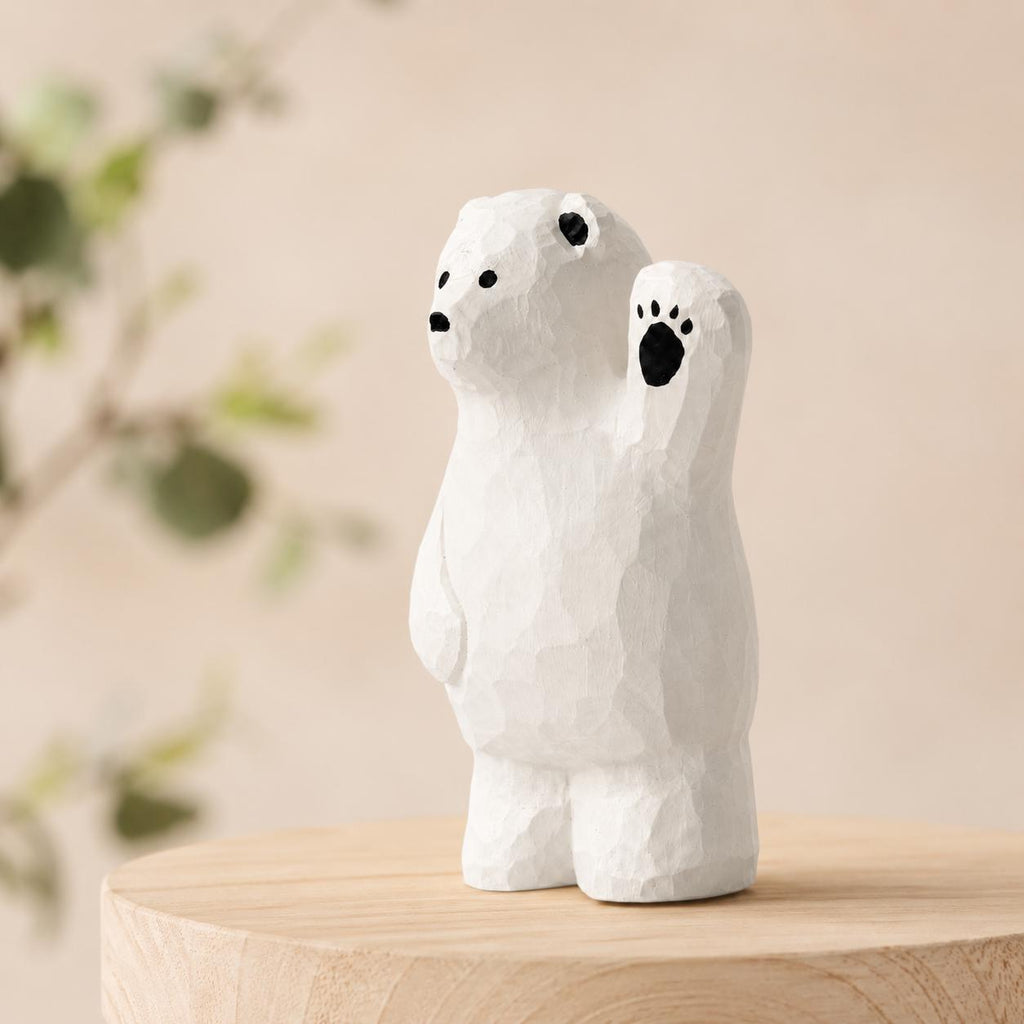 Friendly Waving Polar Bear Wood Carving, Handmade Arctic Animal Figurine, Whimsical Desk Pet, Winter Nursery Decor, Cute Wood Gift for Kids