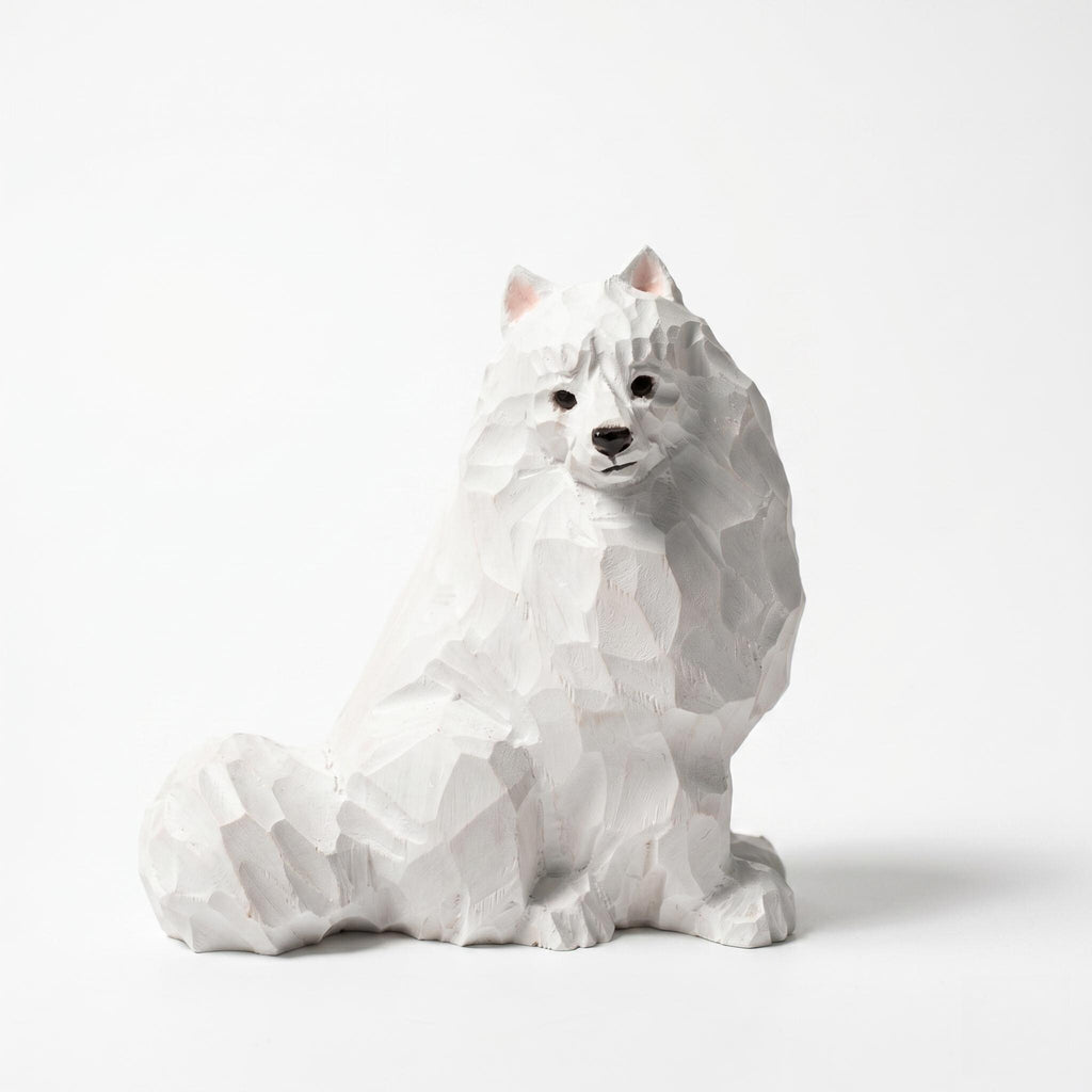 Whimsical White Samoyed Wood Carving Geometric Fluffy Dog Figurine Minimalist Pet Memorial Unique Gift for Dog Lovers Desk Decor