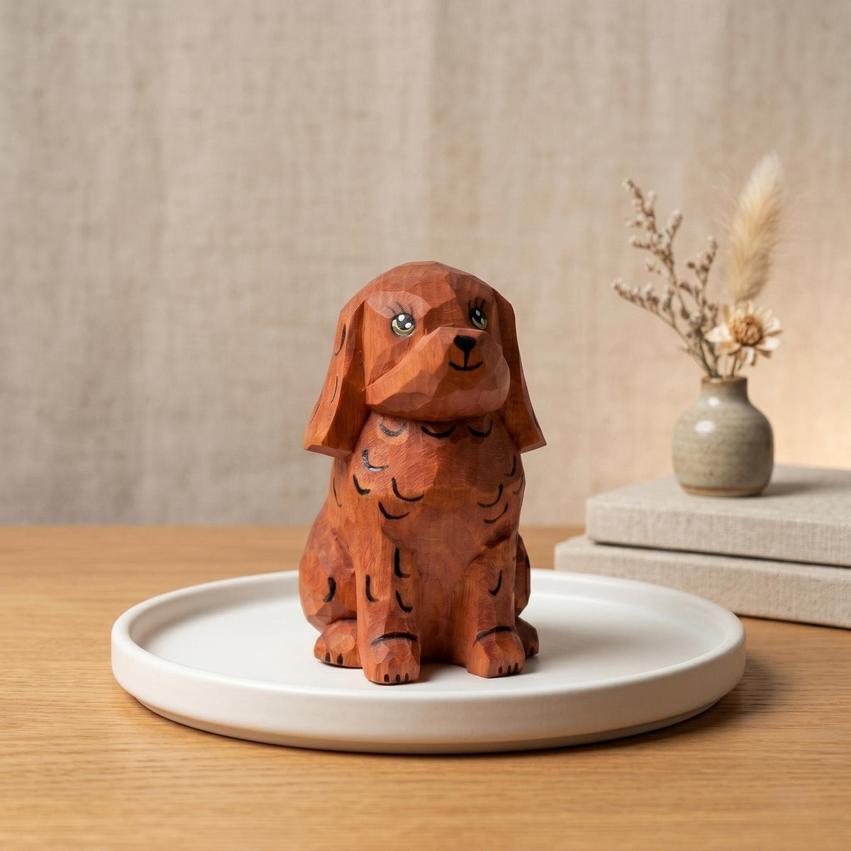 Whimsical Wooden Puppy Figurine – Hand Carved Spaniel Dog Statue – Rustic Shelf Decor & Pet Lover Gift Idea