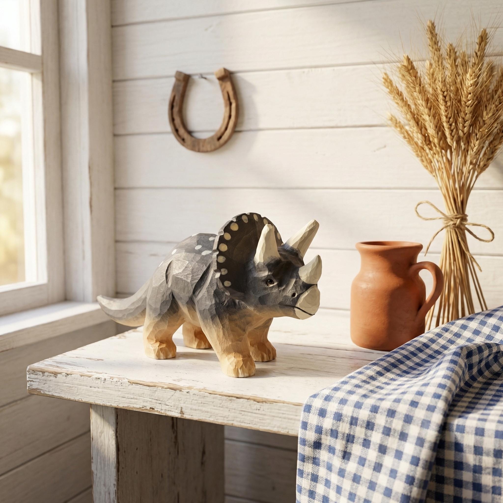 Hand Carved Wooden Triceratops Figurine, Rustic Nursery Art, Woodland Dinosaur Decor
