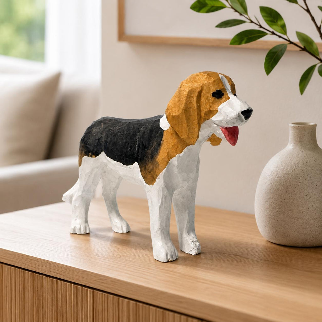 Hand-Carved Wooden Beagle Figurine | Tricolor Hound Dog Sculpture | Whimsical Pet Desk Decor | Dog Mom Gift Idea