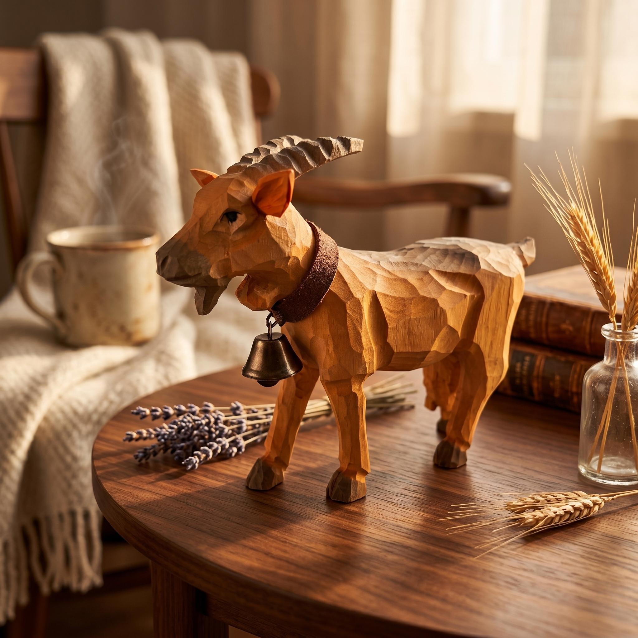 Whimsical Wooden Goat Carving with Bell Rustic Farmhouse Animal Decor Alpine Figurine Unique Birthday Gift