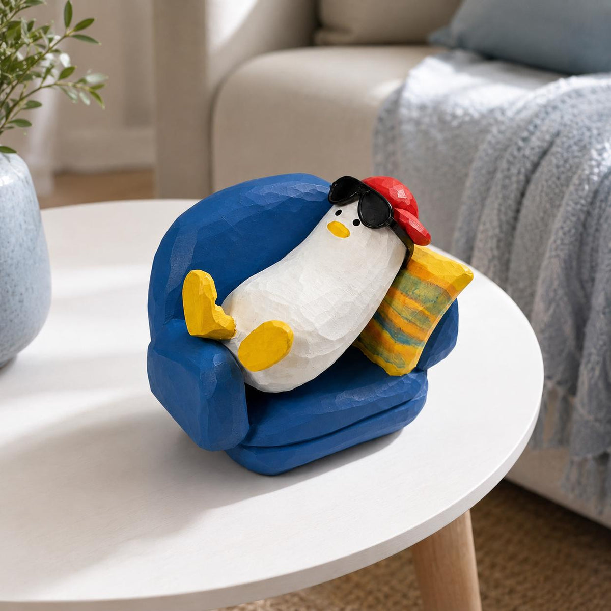 Funny Wooden Duck in Armchair Figurine, Hand Carved Chill Bird Decor, Whimsical Desk Accessory, Unique Gift for Coworker or Friend