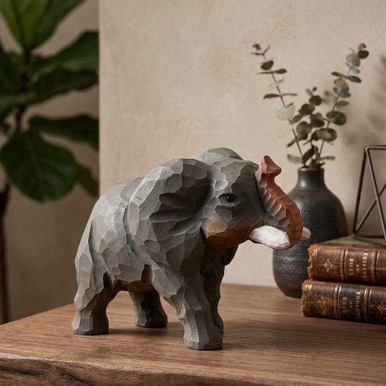Hand Carved Wood Elephant Figurine – Rustic Animal Home Decor, Whimsical Sculpture