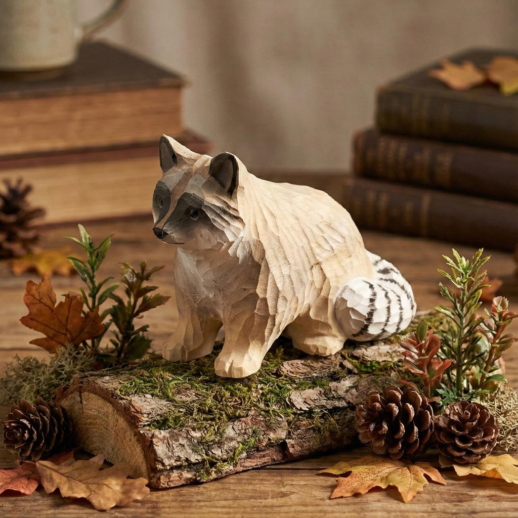 Hand Carved Wooden Raccoon Statue, Rustic Woodland Nursery Decor, Forest Animal Figurine, Garden Ornament