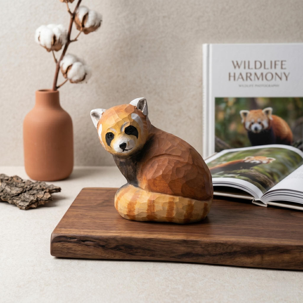 Whimsical Hand Carved Wooden Red Panda Figurine, Rustic Woodland Animal Decor, Cute Red Panda Lover Gift, Unique Wood Art Shelf Sitter
