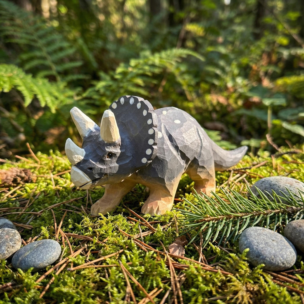 Hand Carved Wooden Triceratops Figurine, Rustic Nursery Art, Woodland Dinosaur Decor