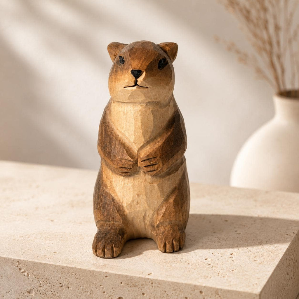 Whimsical Wooden Groundhog Statue Hand Carved Animal Figurine Woodland Nursery Decor Cute Wood Marmot Gift for Nature Lover