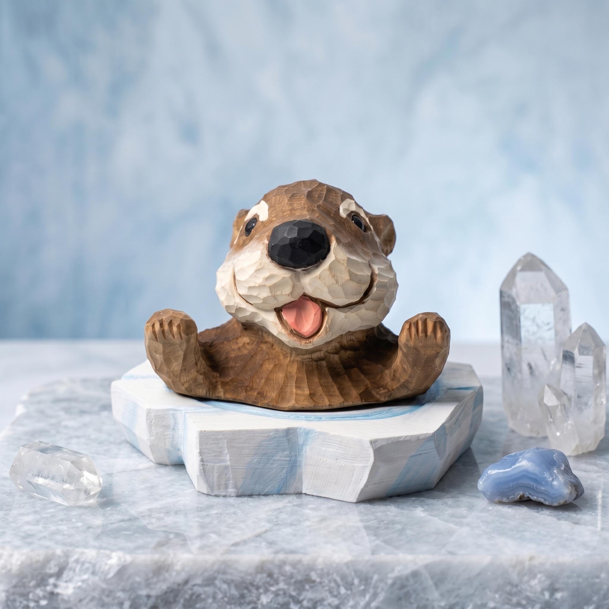 Joyful Wooden Sea Otter Hand Carved Animal Sculpture Coastal Desk Decor Cute Woodland Nursery Art Unique Gift for Animal Lovers