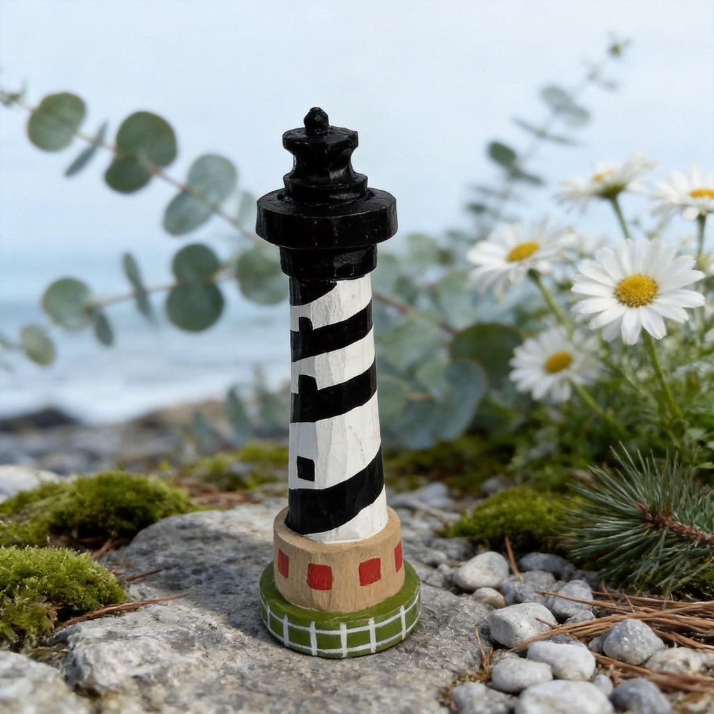 Rustic Hand-Carved Wooden Lighthouse Black and White Nautical Coastal Decor Unique Beach Lover Gift Ocean Theme Nursery Accent