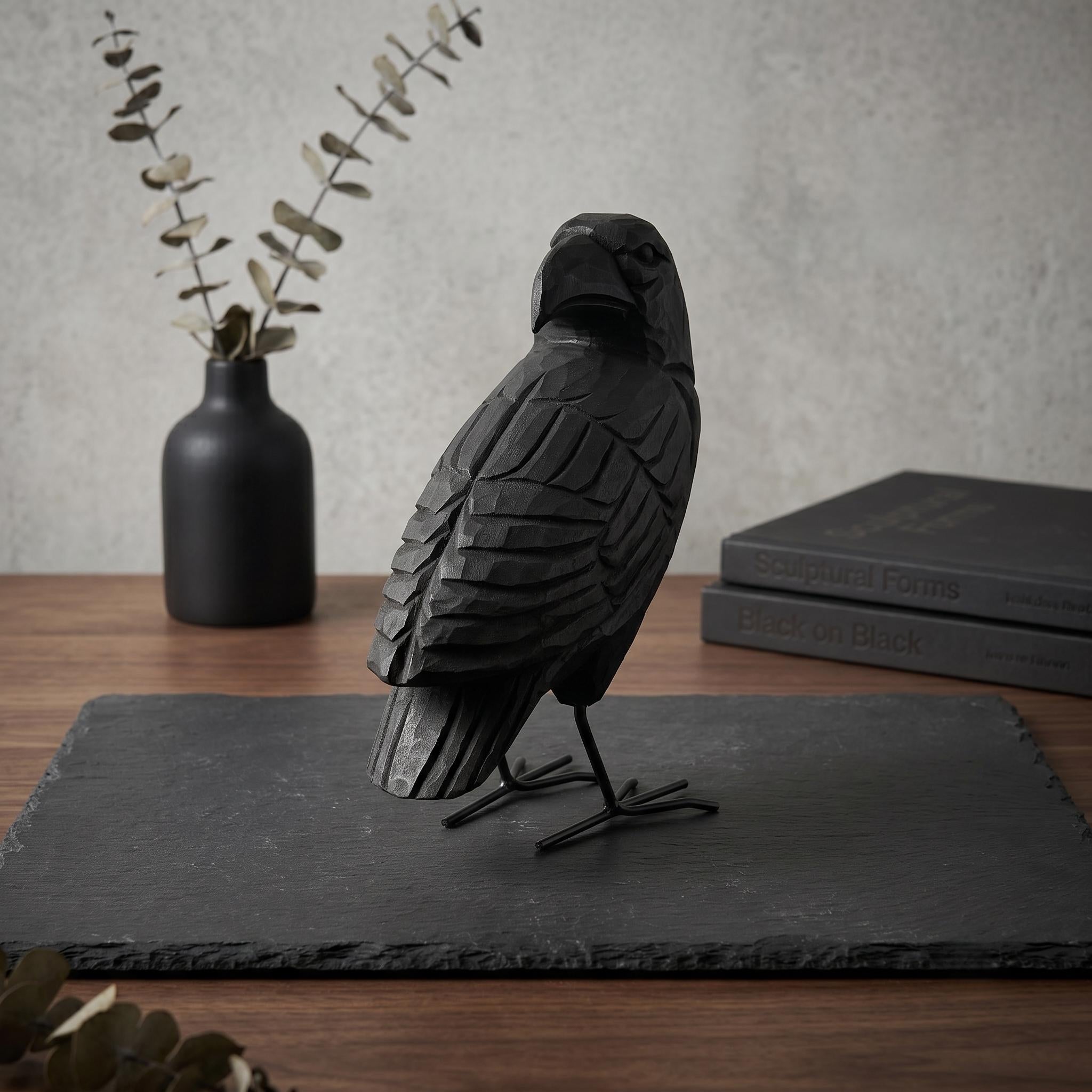 Hand Carved Black Raven Wooden Crow Figurine Rustic Bird Sculpture Gothic Home Decor Unique Wood Anniversary Gift for Nature Lover