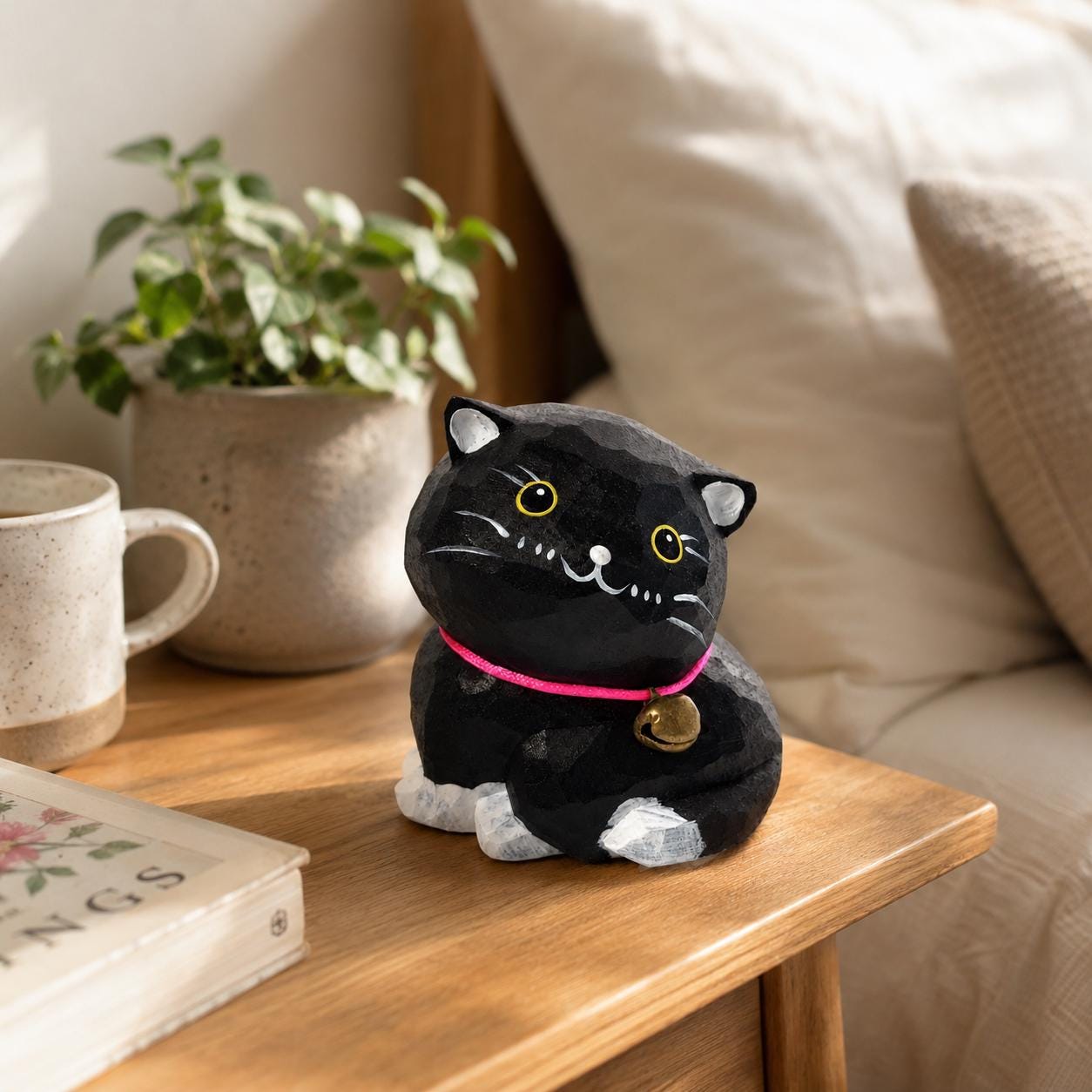Whimsical Black Cat Wood Carving, Wooden Tuxedo Kitten Figurine, Hand Carved Pet Decor, Cute Desk Pet, Cat Lover Gift Idea