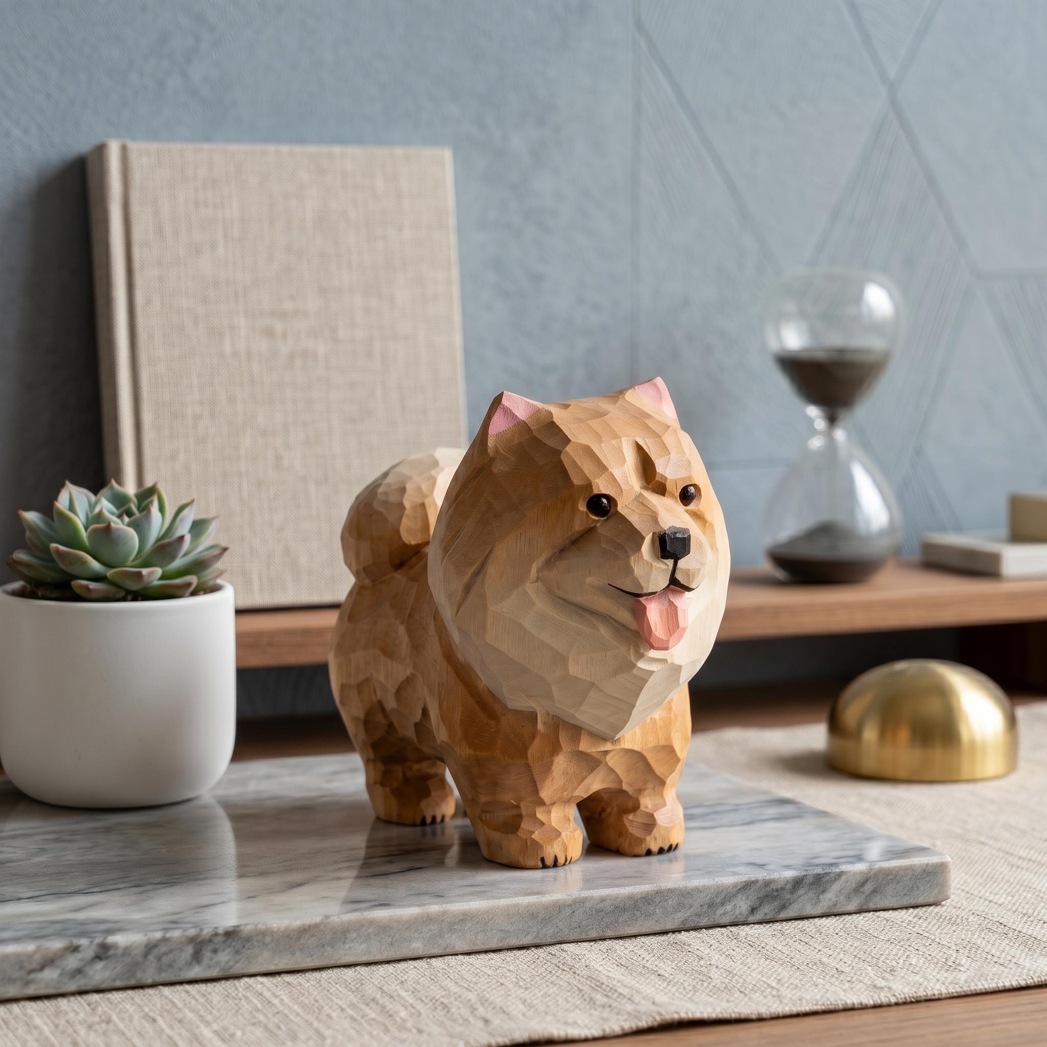 Hand Carved Wooden Pomeranian Figurine, Fluffy Dog Desktop Decor, Rustic Animal Art Sculpture, Pet Memorial Gift for Dog Lover