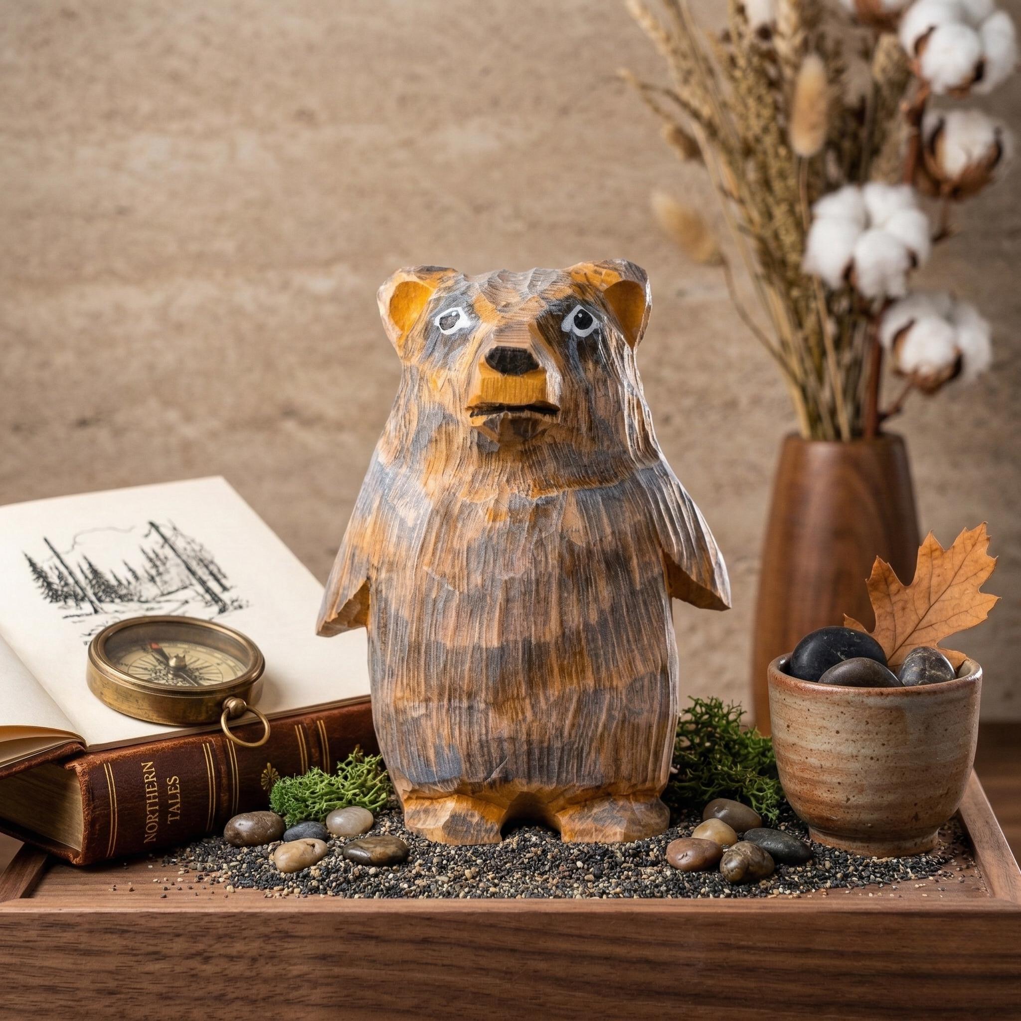 Whimsical Hand Carved Wooden Bear Figurine, Cute Grizzly Bear Statue, Rustic Forest Animal Decor, Unique Wood Anniversary Gift, Nursery Art