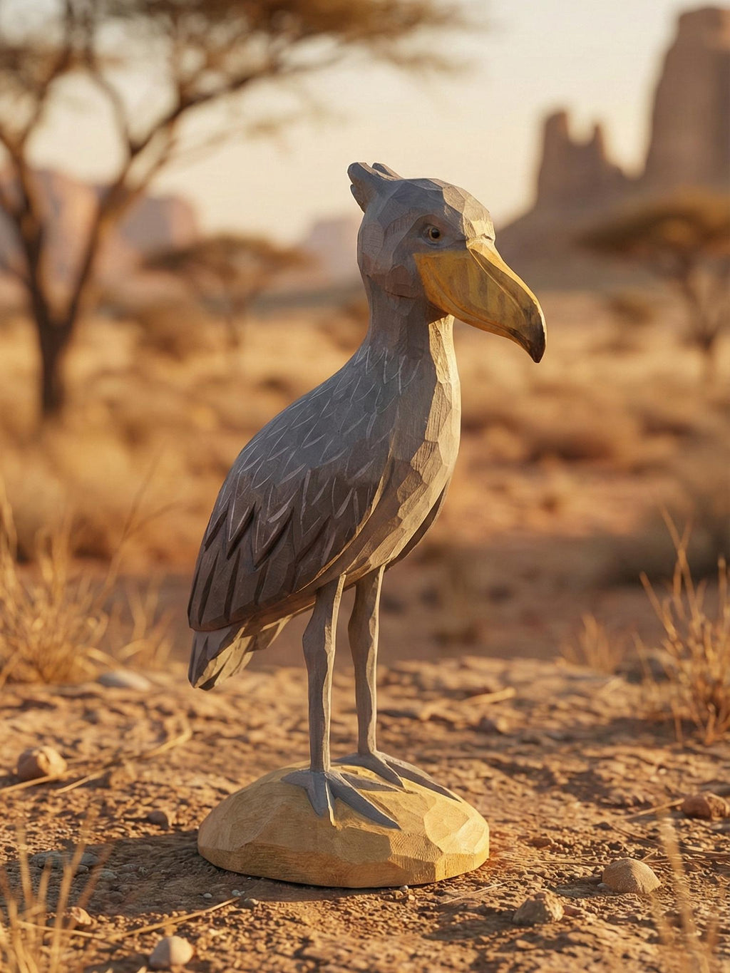 Hand Carved Wooden Shoebill Stork Statue, Rustic Bird Decor