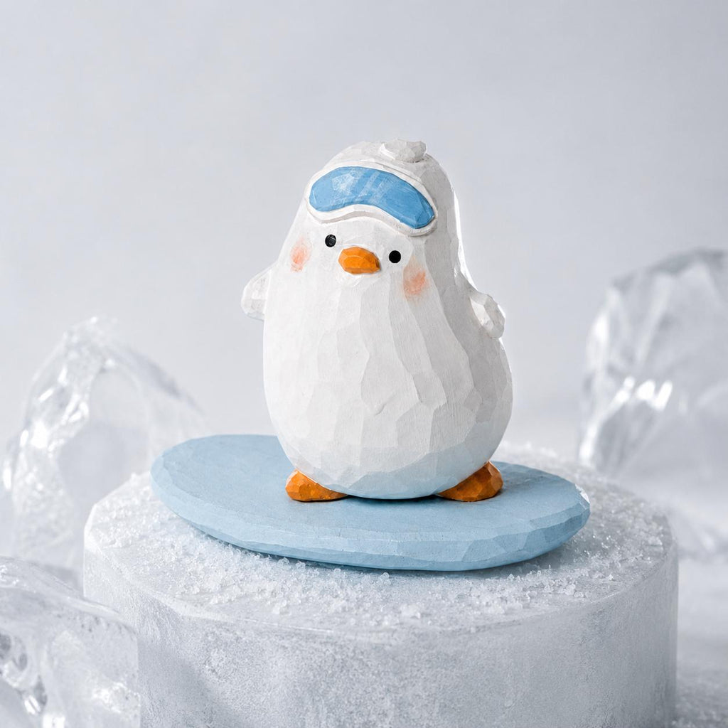 Whimsical Snowboarding Bird Wood Carving, Cute Winter Decor, Hand Carved Penguin Figurine, Ski Lover Gift