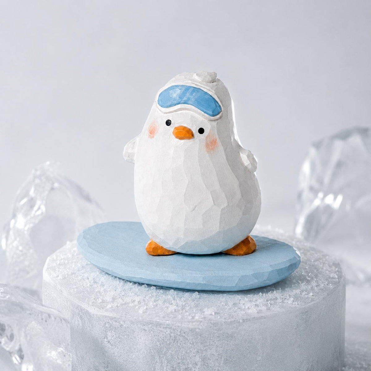 Whimsical Snowboarding Bird Wood Carving, Cute Winter Decor, Hand Carved Penguin Figurine, Ski Lover Gift