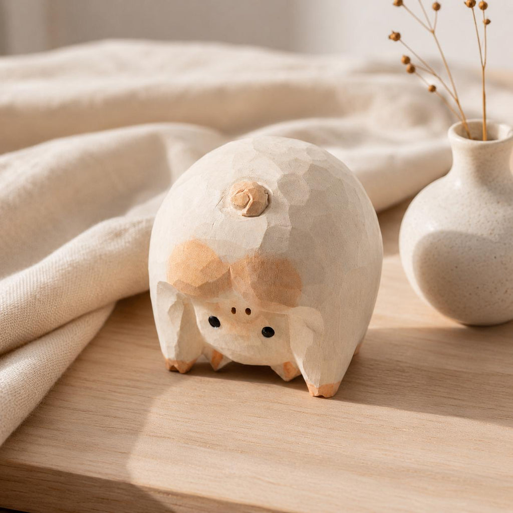 Whimsical Wooden Pig Figurine Hand Carved Animal Rustic Farmhouse Decor Cute Desk Accessory Gift for Pig Lover