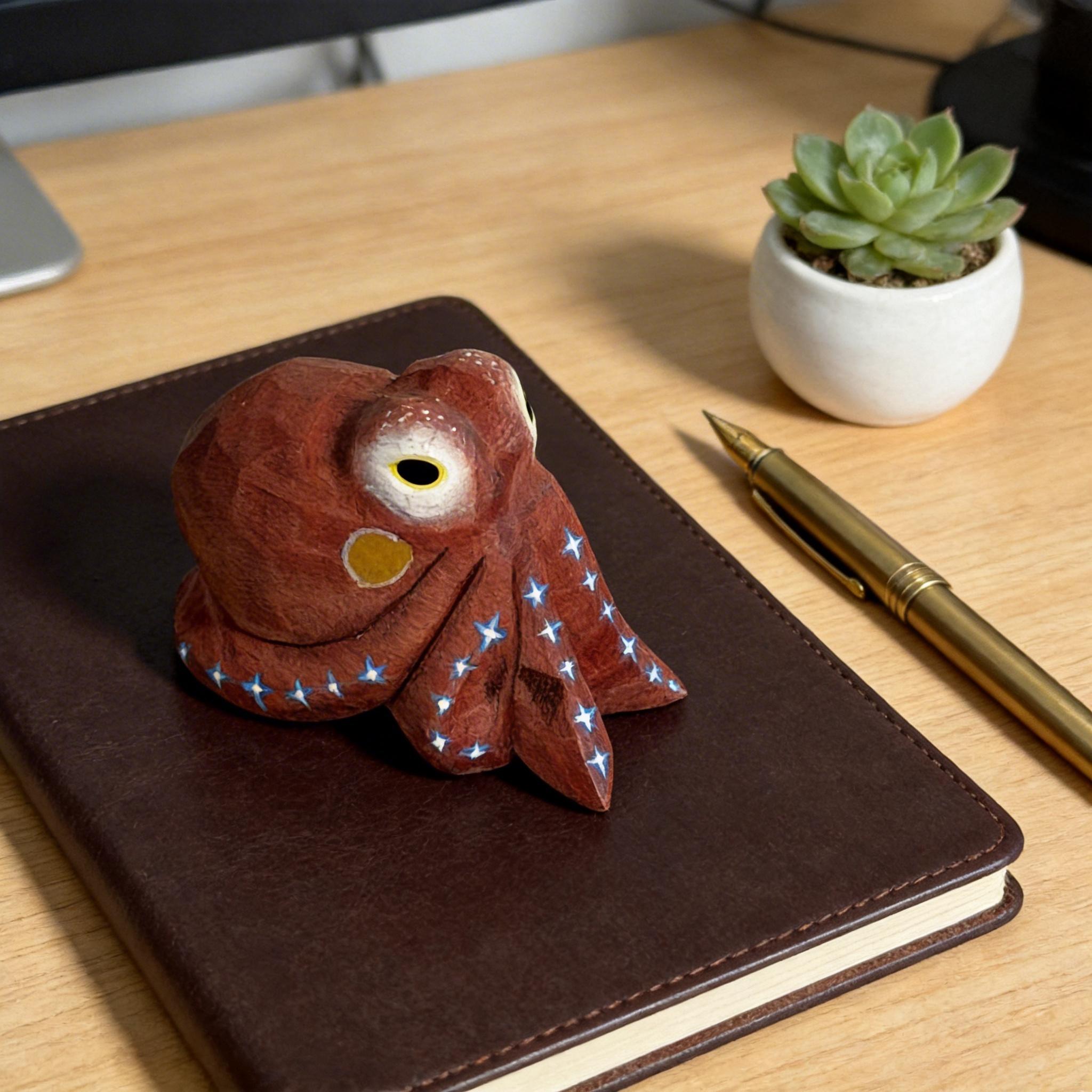 Whimsical Wooden Octopus Figurine, Hand Carved Nautical Decor, Cute Ocean Animal Desk Pet, Unique Marine Life Gift for Sea Lovers